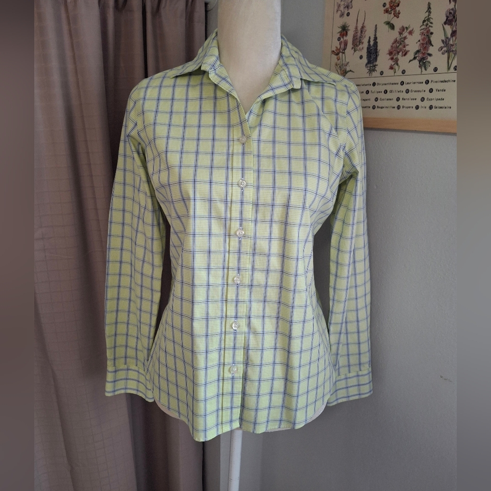 Lands' End No Iron Pinpoint Oxford Long Sleeve Button Up Green Check Shirt Sz 4